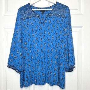 J Jill Wearever‎ Paisley Print Blouse Top L Blue 3/4 Sleeve